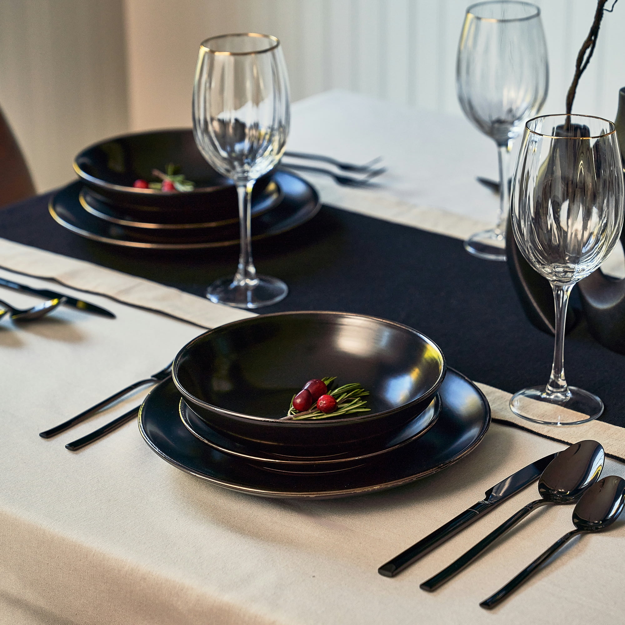 12-Piece Stoneware Dinnerware Set, Black Onyx Collection - Image 3