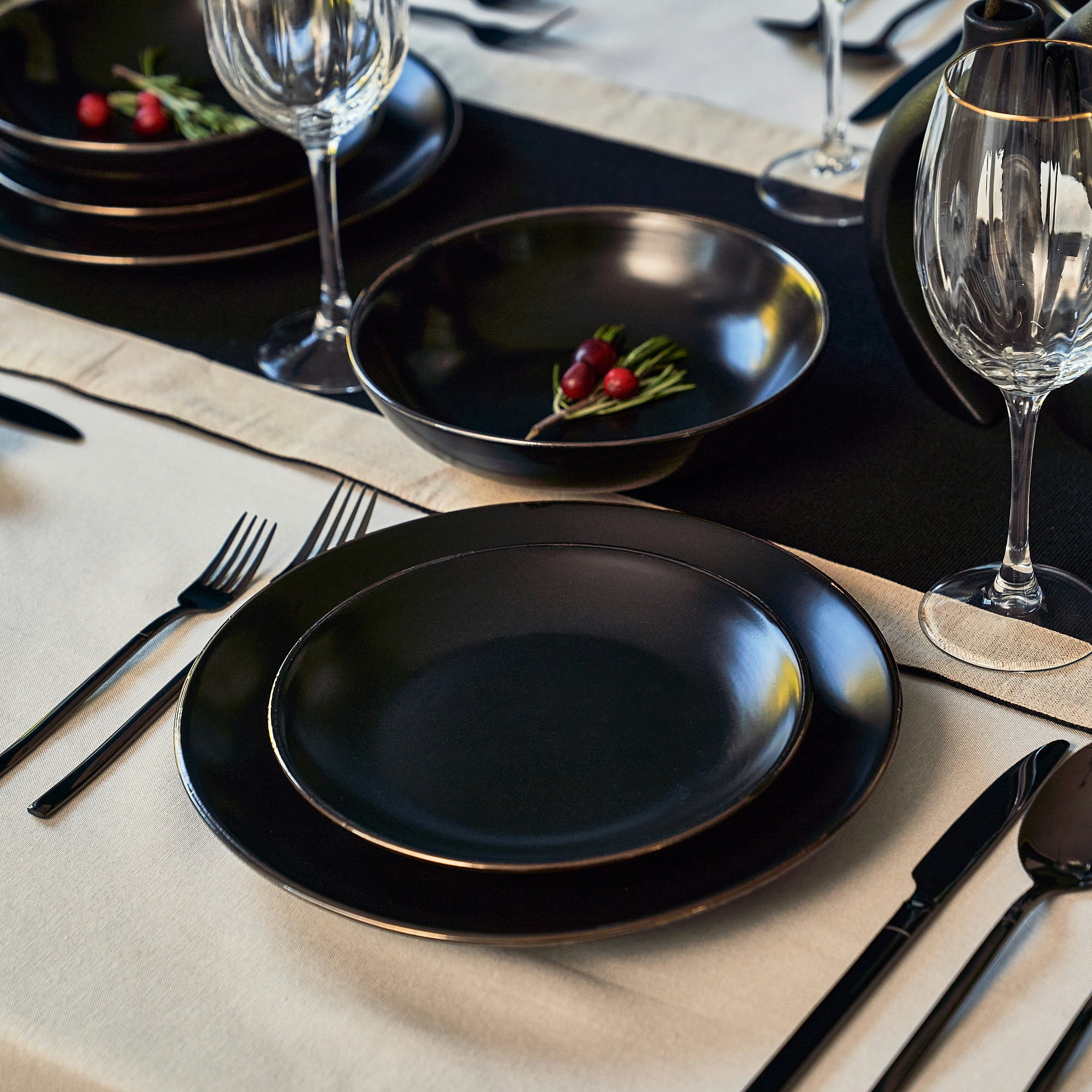 12-Piece Stoneware Dinnerware Set, Black Onyx Collection - Image 4
