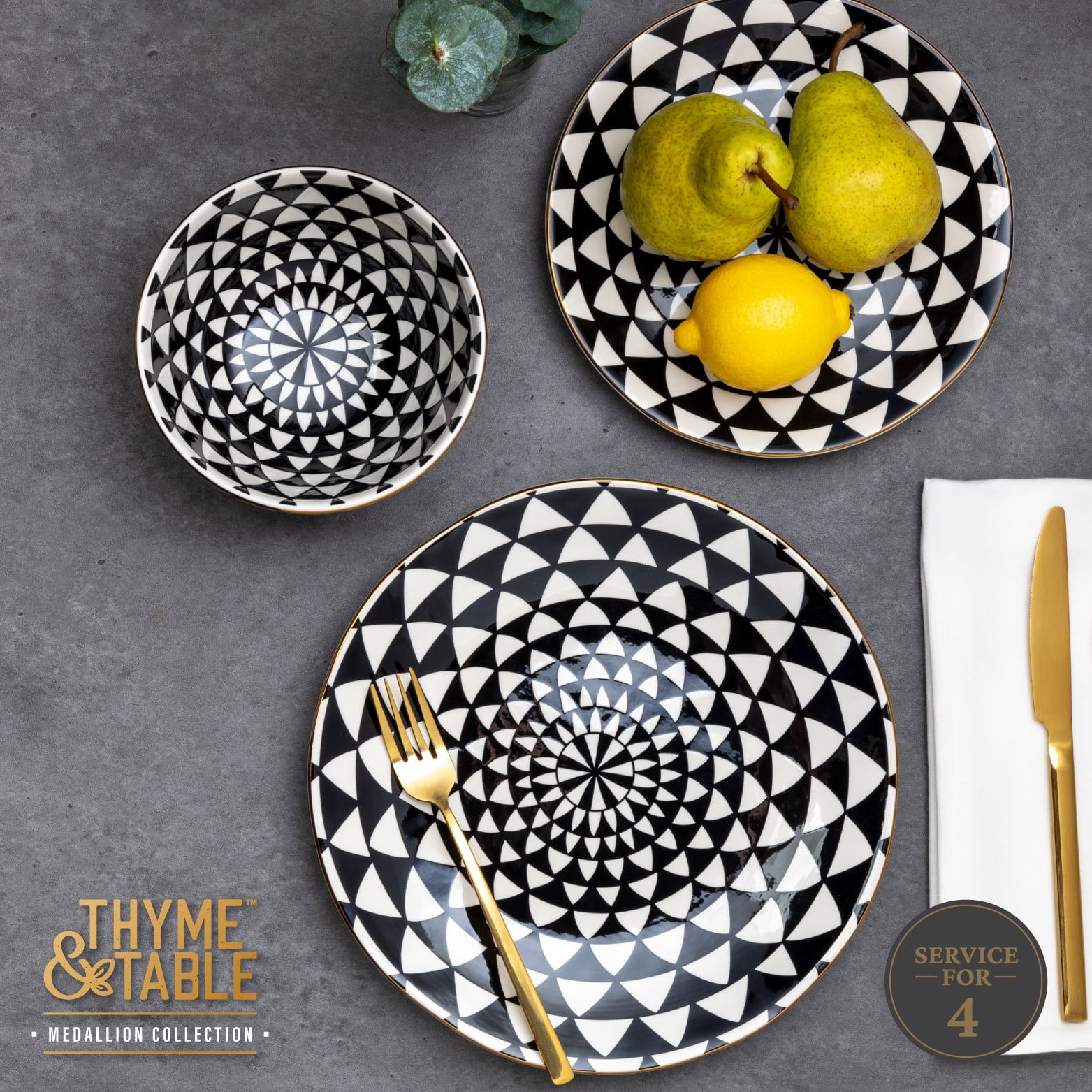 12-Piece Dinnerware Stoneware Set, Black & White Medallion Collection - Image 6