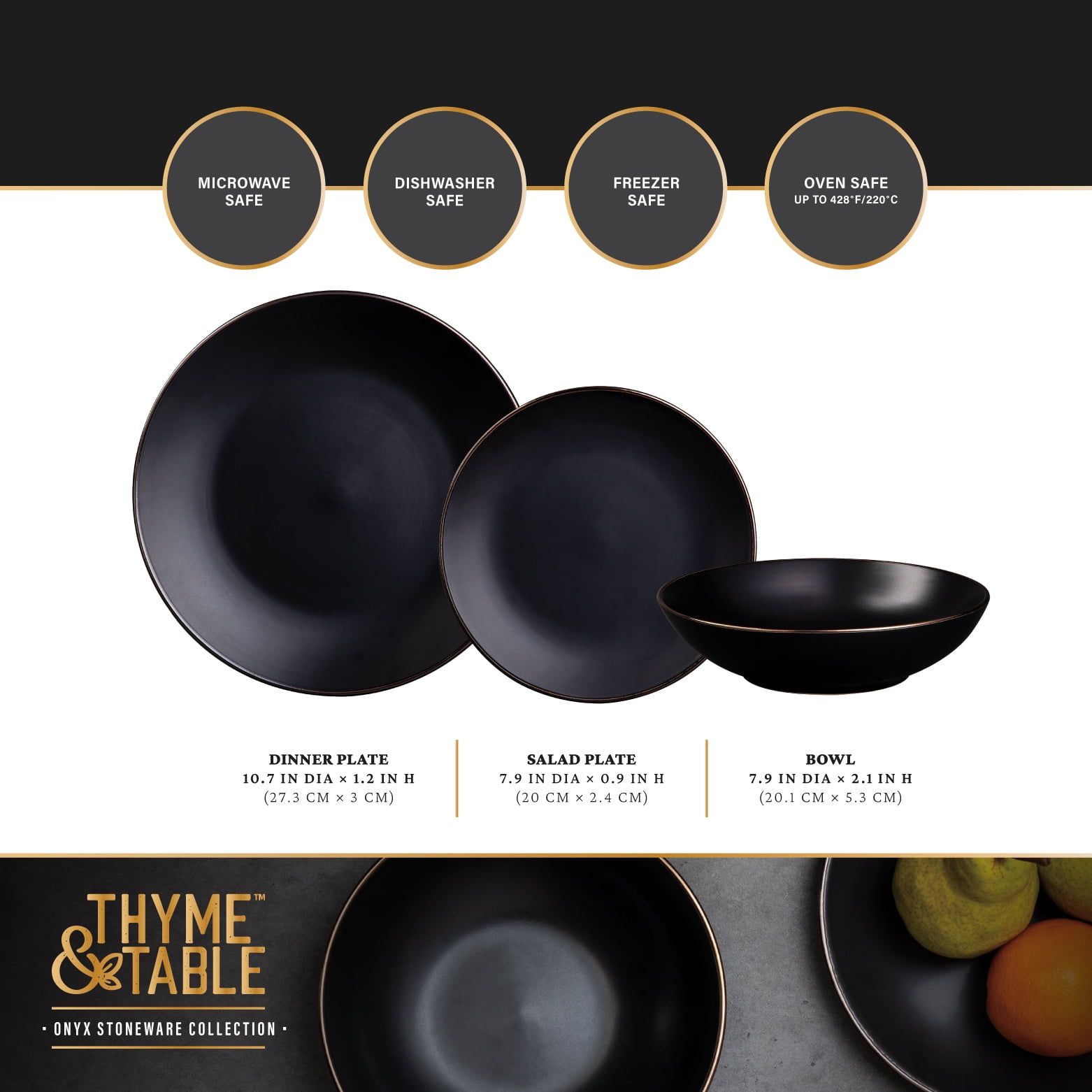12-Piece Stoneware Dinnerware Set, Black Onyx Collection - Image 5