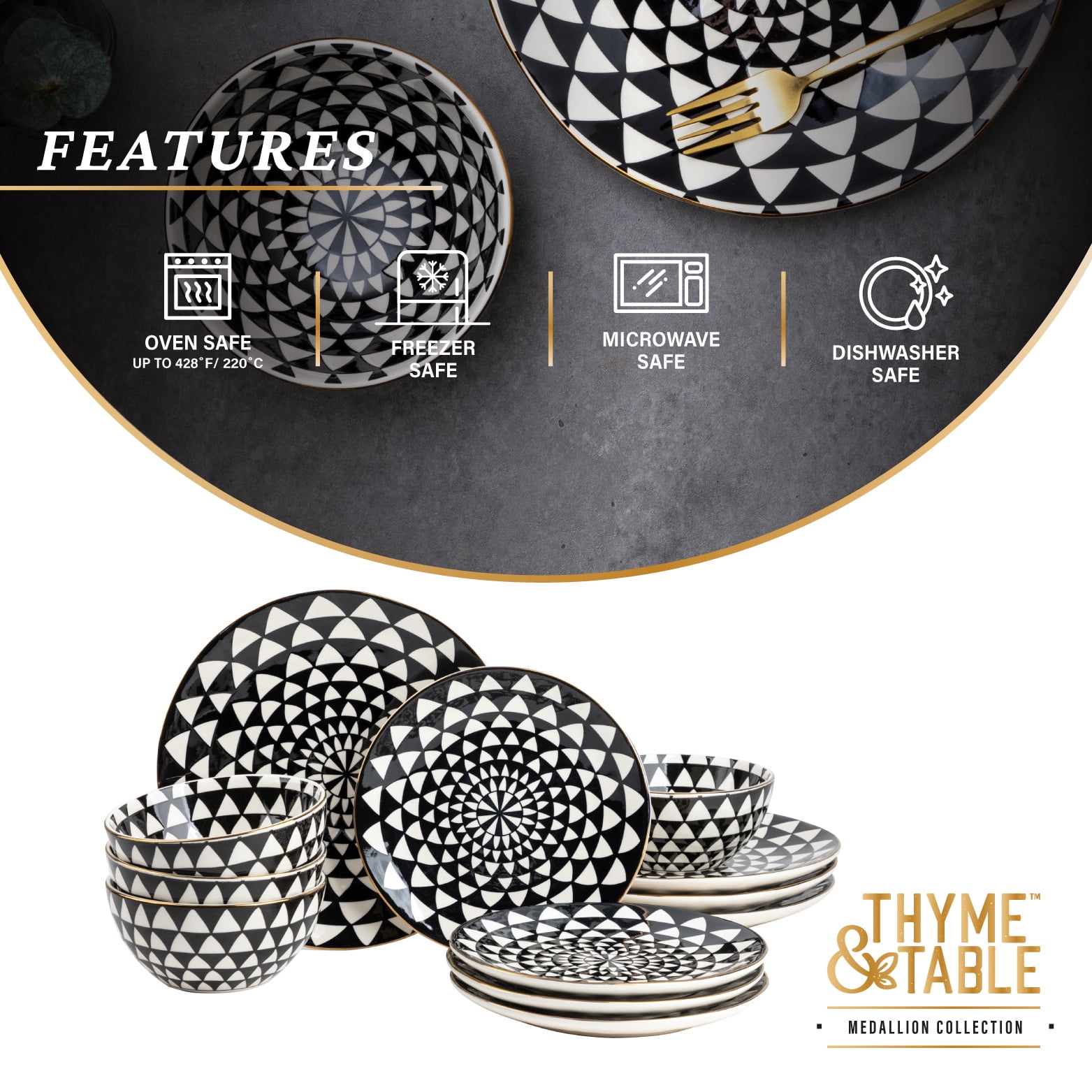 12-Piece Dinnerware Stoneware Set, Black & White Medallion Collection - Image 8