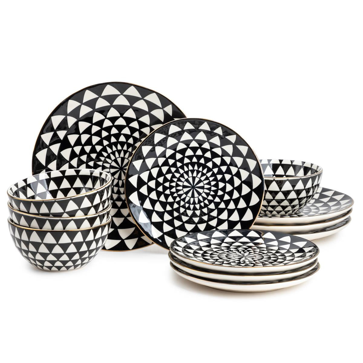 12-Piece Dinnerware Stoneware Set, Black & White Medallion Collection
