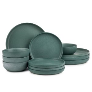 12-Piece Stoneware Dinnerware Set, Caspian Green Collection