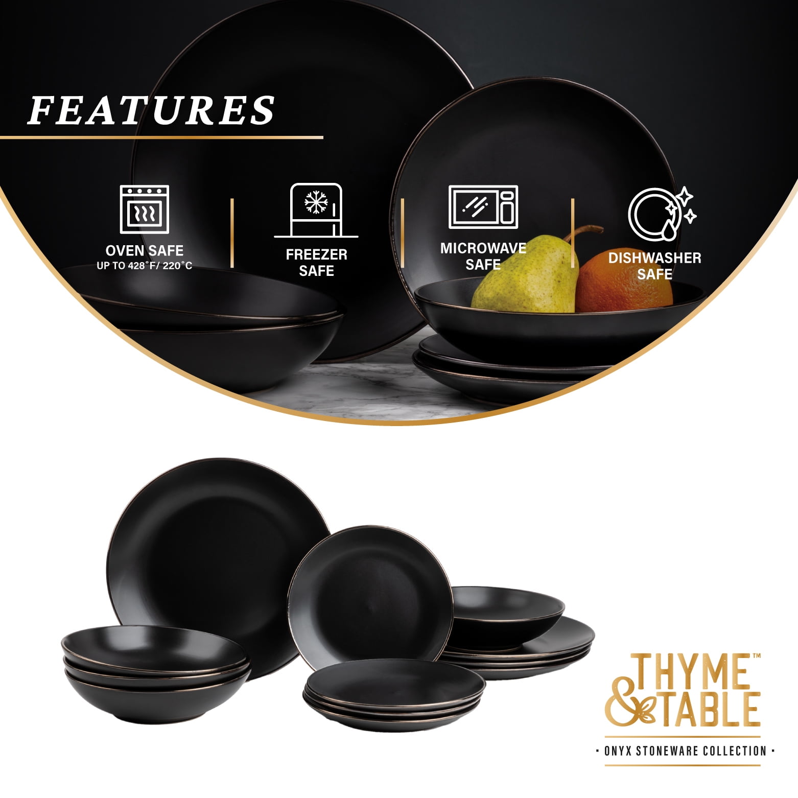 12-Piece Stoneware Dinnerware Set, Black Onyx Collection - Image 6