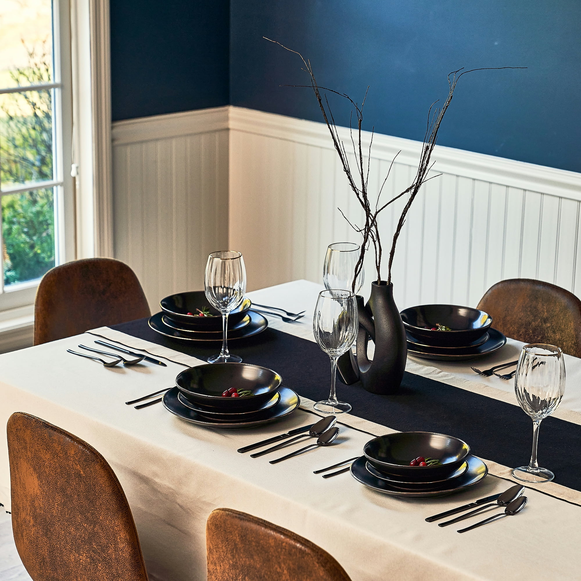 12-Piece Stoneware Dinnerware Set, Black Onyx Collection - Image 2